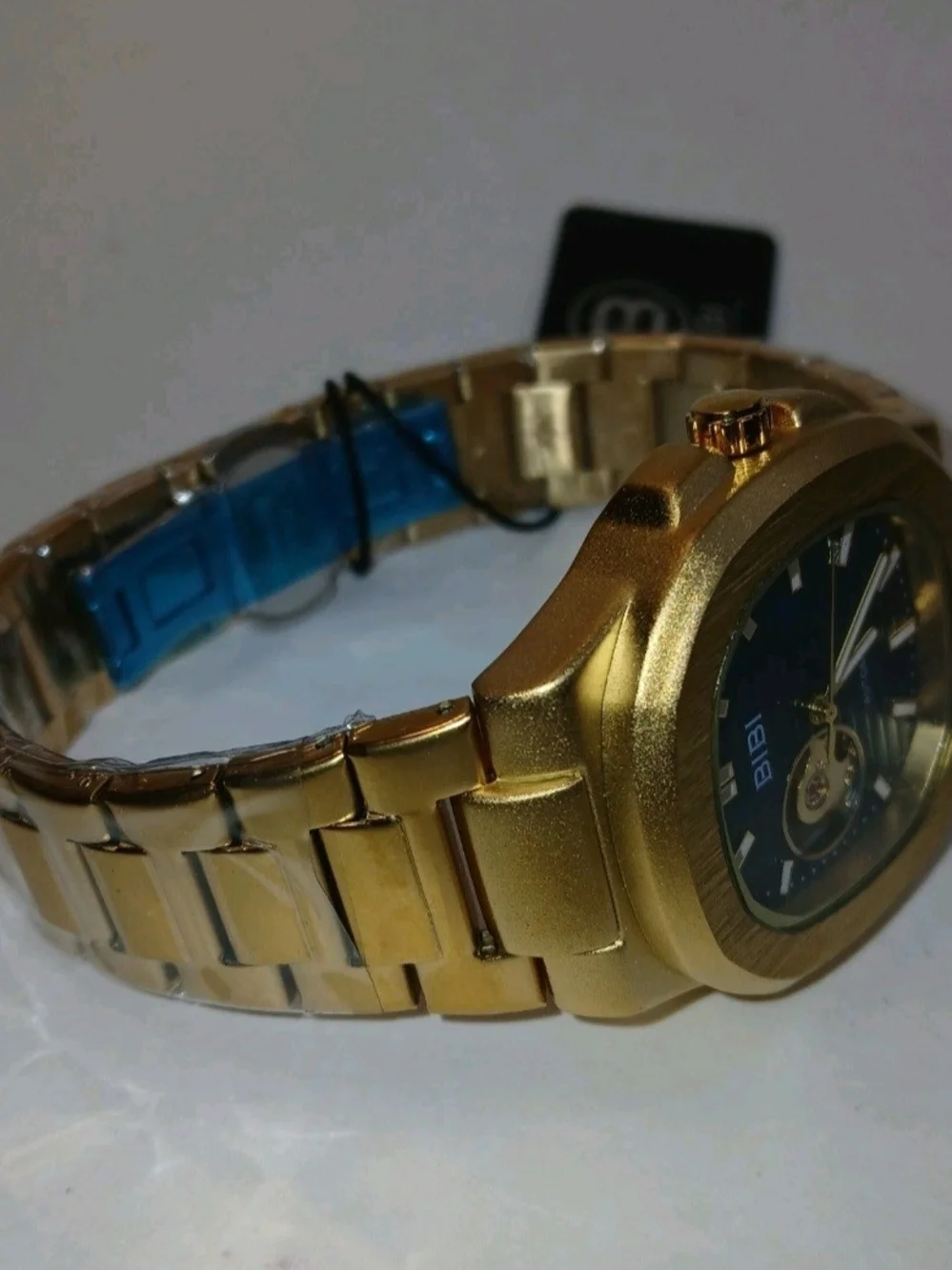 BIBI Men's Gold Automatic Watch Open Heart Blue Dial Stainless Steel Bracelet...
